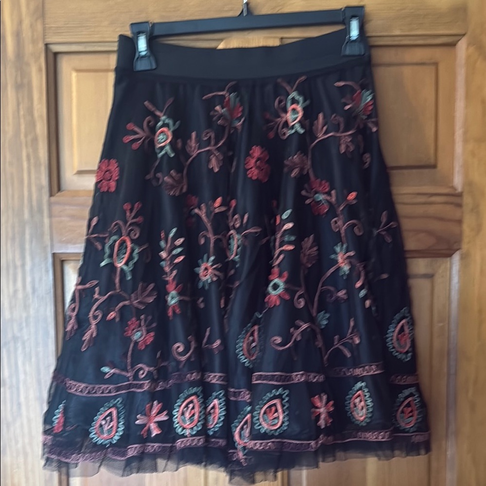 Vintage Rene Derhy Black multi color Embroidered A-Line Skirt